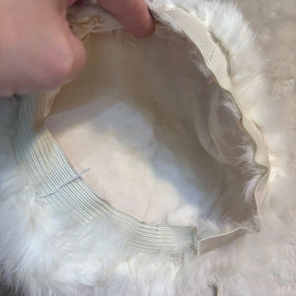Vintage 40s SET Rabbit Fur Kids Hat and Handwarmer Muff Cream White Collectible